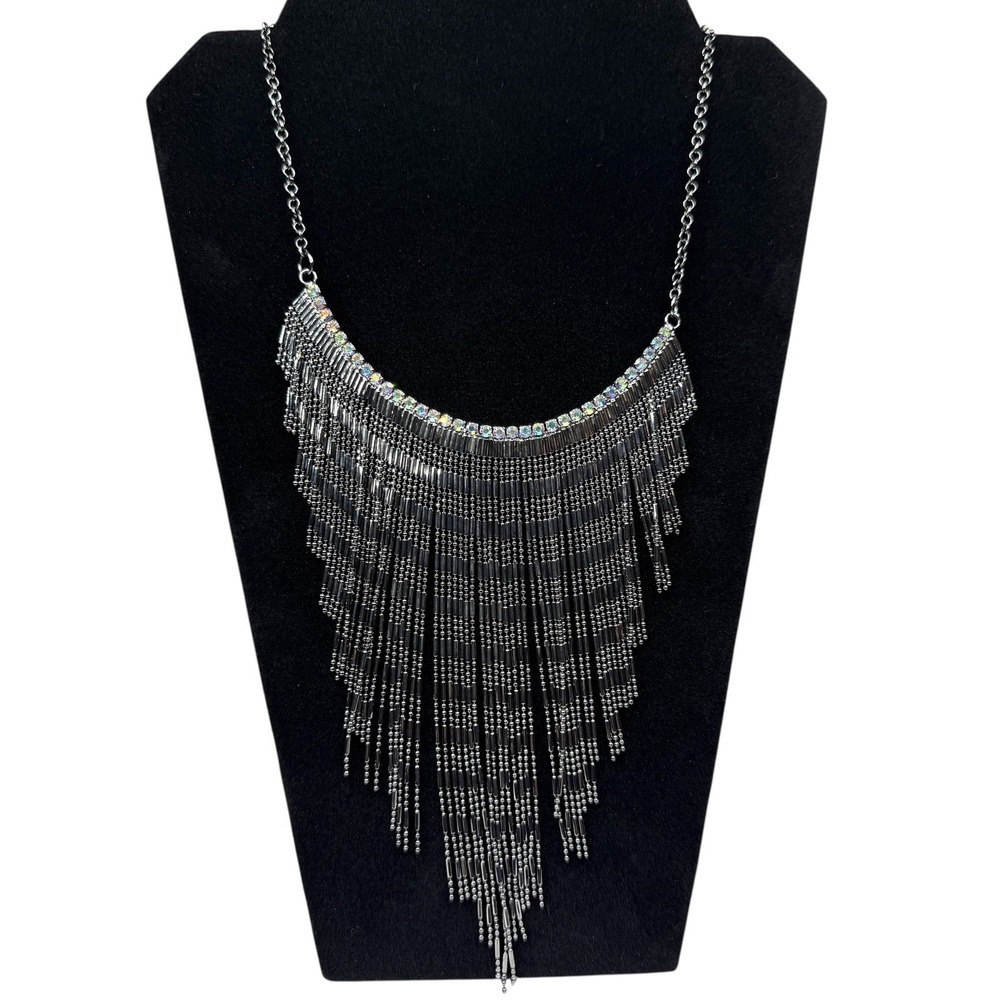 Antque Silver Tone Fringe Bib Statement Necklace Iridescent Crystal Accents